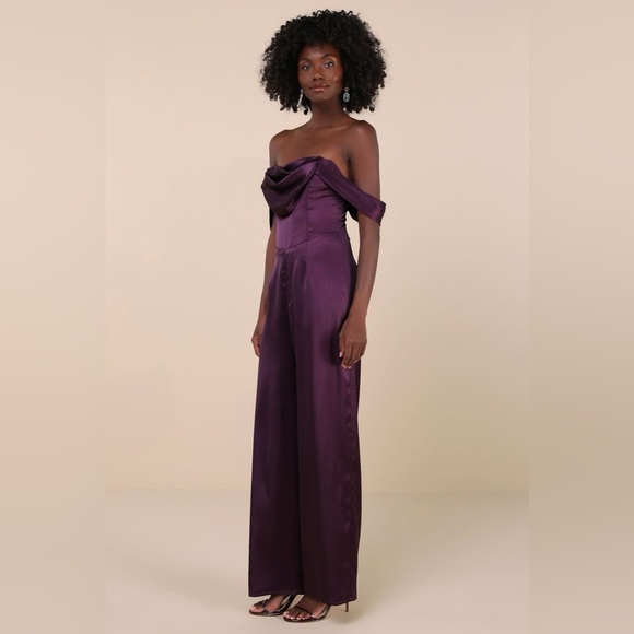 LULU’S Unbelievable Aura Dark Purple Satin Off The Shoulder Jumpsuit - Picture 3 of 5